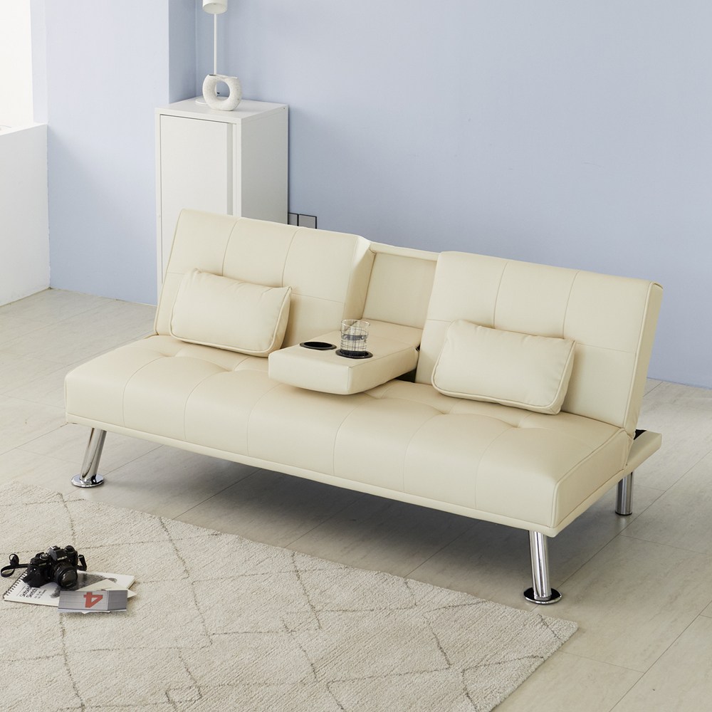 베스트리빙 무비 3인용 4인용 카우치형 소파 겸 침대 소파베드 컵홀더 소파/4colors/패브릭/가죽, 크림화이트(가죽) 129,000원