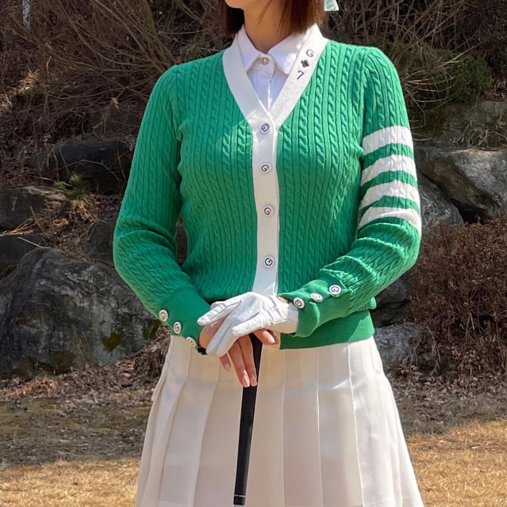 여성 골프 가디건 톰 꽈배기 G단추 사선 스트라이프 소매 배색 가디건 라운딩 일상복 56,850원