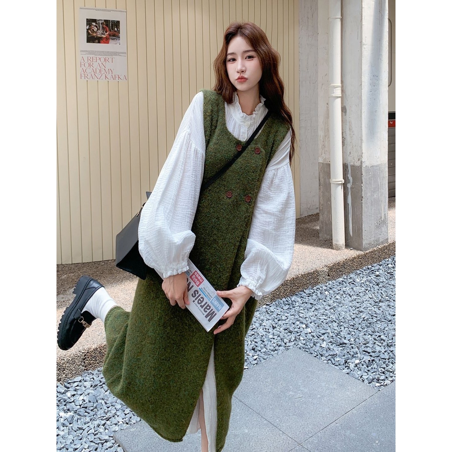 여성 봄 원피스 세트 빅사이즈 벌룬 소매 셔츠 원피스 + 롱 니트 조끼 프렌치 여자 투피스 세트 YXF 48,500원