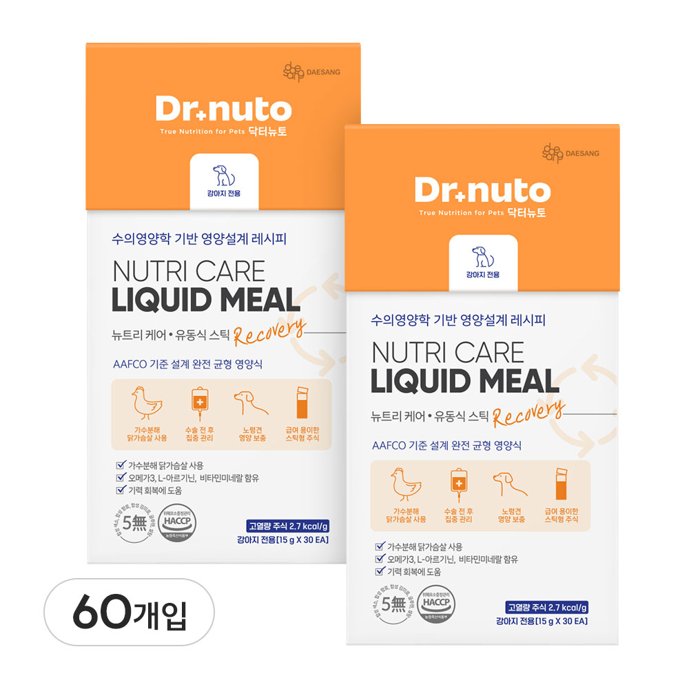 닥터뉴토 강아지 습식 주식 대용 뉴트리케어 리커버리 (식욕부진 노견 회복기 고열량 유동식 영양식), 15g, 60개, 가수분해닭 70,000원