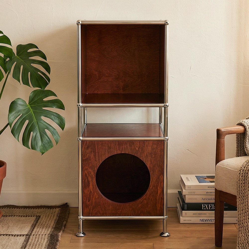 에프룸 미드센츄리 타공 공간박스 모듈협탁 큐브선반 모듈선반, 4단, 자작 원목 309,000원