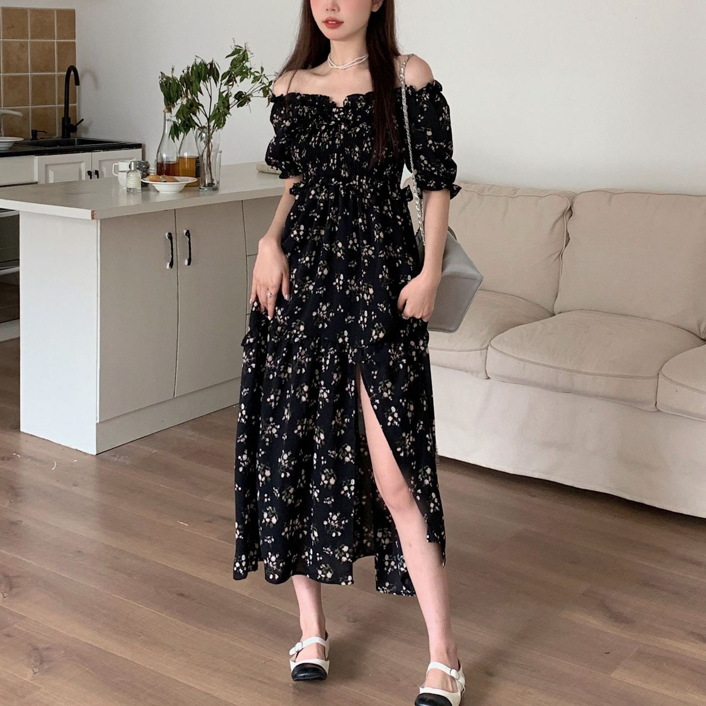 cammello 꽃무늬 롱원피스 빅사이즈 스모크 옆트임 드레스 24,900원