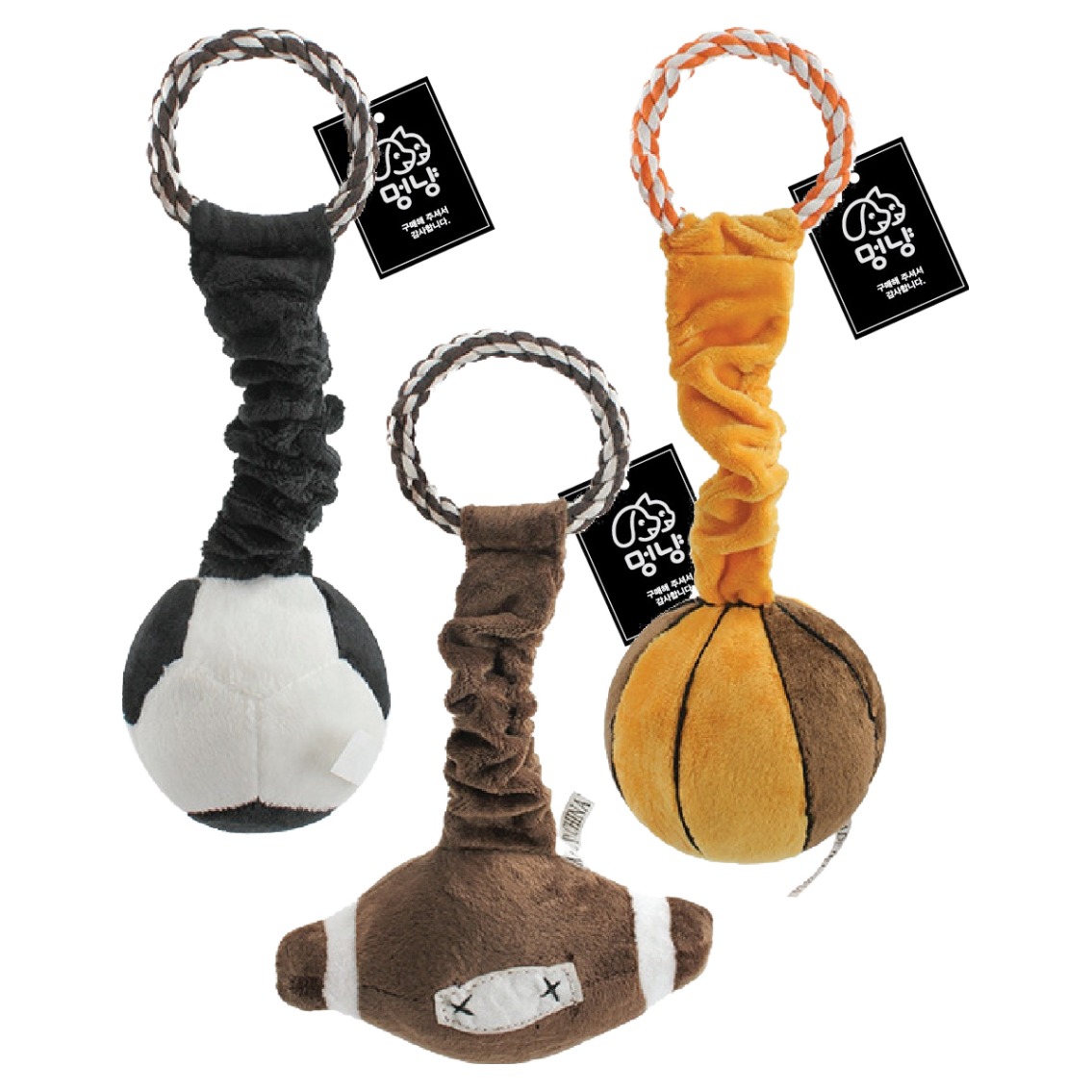 멍냥 반려동물 고무줄 스포츠공 터그놀이 삑삑이 장난감 3종 세트, 축구공, 럭비공, 농구공, 1세트 14,900원