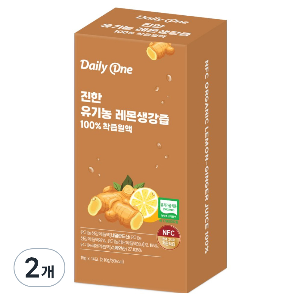 데일리원 진한 유기농 레몬생강즙 100 착즙 원액, 210g, 2개 10,200원