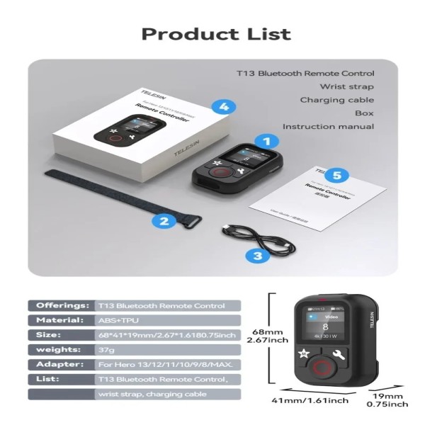 GoPro Hero 13 12 11 10 9 8 Max용 방수 블루투스 리모컨 (액션 카메라 액세서리용 손목 스트랩 포함) 42,400원