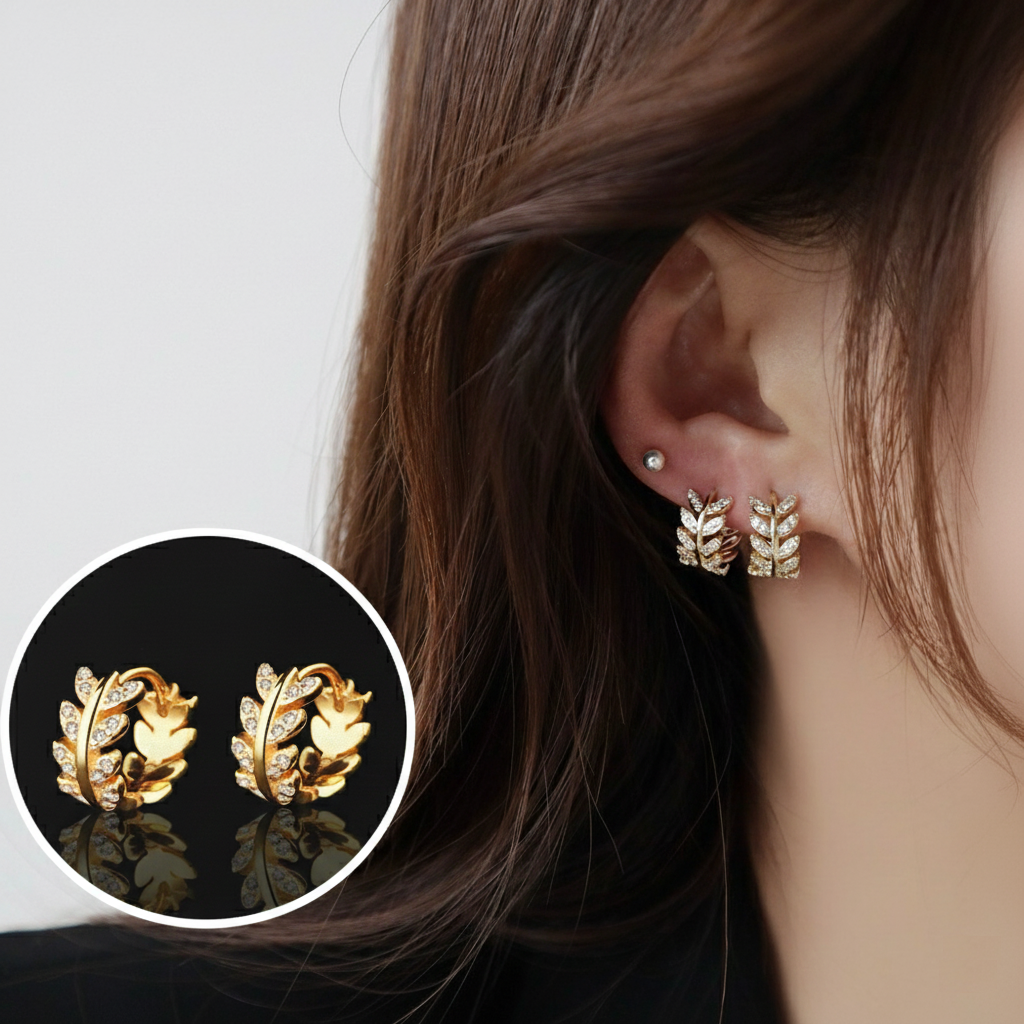 아뜨라 18K GF 고급 큐빅 원터치 데일리 링 귀걸이 눈꽃 스타 리프 알러지방지 12,900원