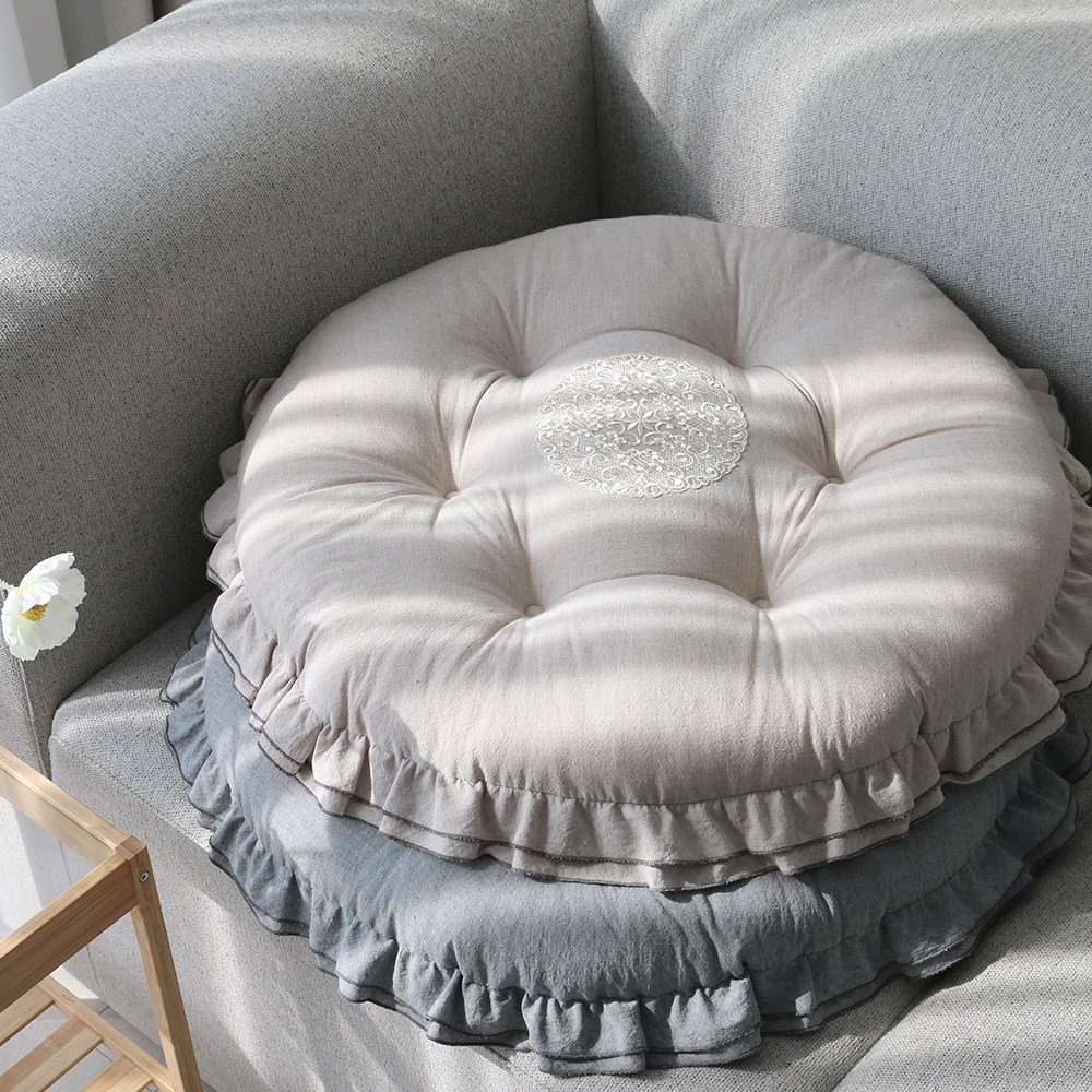 [데코벨] 선염 멜란지 무지 두겹 프릴 원형 방석 (M/L), 현재가 37,590원