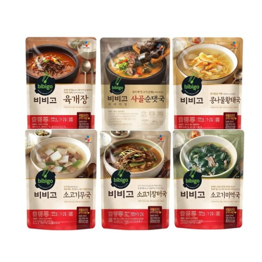 비비고 인기 국 모음 6종(육개장, 미역국, 소고기장터국, 콩나물황태국, 소고기무국, 사골순댓국) 52,200원