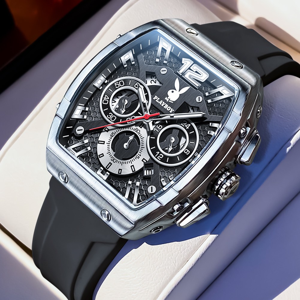 PLAYBOY 플레이보이 남성 다기능 크로노그래프 시계 실리콘 밴드 내구성 강화 패션 시계 90,300원