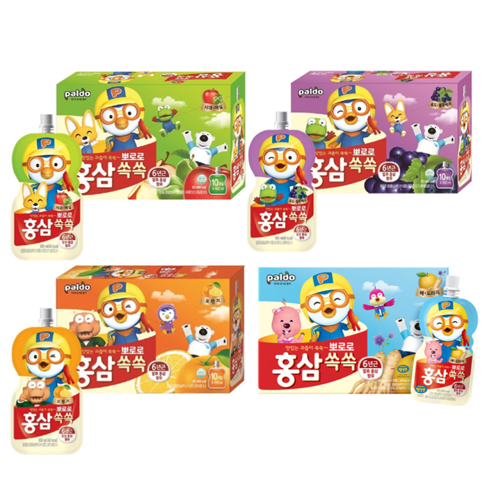 팔도 뽀로로 홍삼쏙쏙 사과매실100ml + 포도블루베리100ml + 오렌지100ml + 배도라지100ml 세트 27,210원