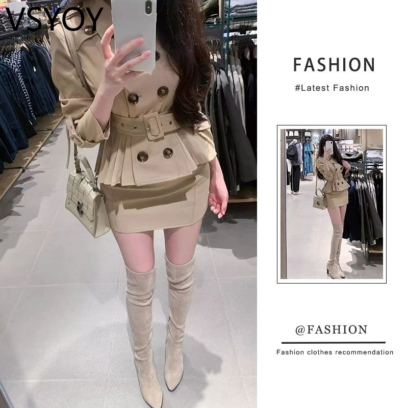 vsyoy 세트 여성의 가을 새로운 디자인 센스 더블 브레스트 짧은 재킷 하이 웨이스트 슬림 핏 스커트 투피스 패셔너블 세트 60,010원