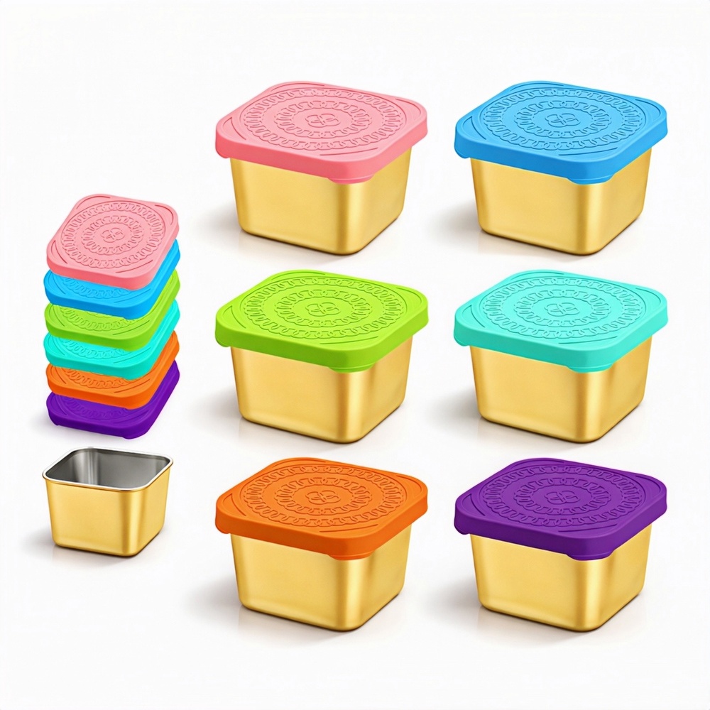 엘리펀트 동그라미 무늬 실리콘 뚜껑 스테인리스 사각 소스컵 200미리 6개 세트 도시락 양념 조미료 보관용, 6개, 골드 23,900원
