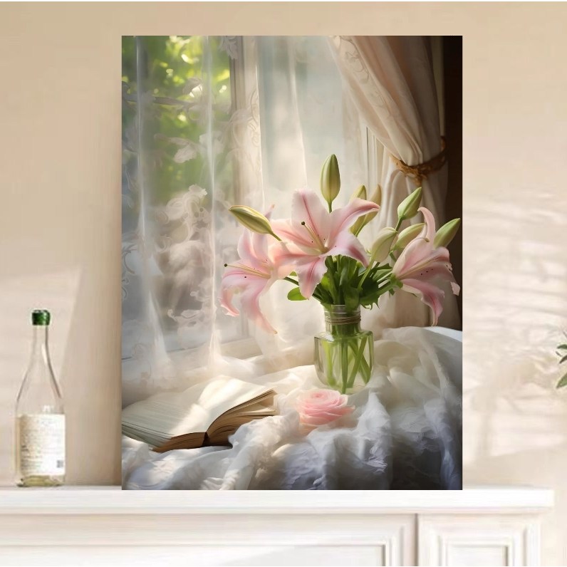창가의 분홍 나리꽃 유화그리기 DIY키트 2배 물감 붓 핑크 백합꽃화병 책 커피잔 햇살 북유럽 감성 정물화 명화그리기 25,990원