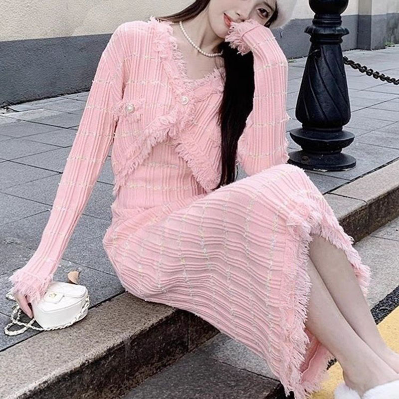 여성 소향풍 세트 캐주얼 봄 가을 긴팔 니트 카디건 + 니트 롱 원피스 투피스 기질 소향풍 투피스 세트 WXY 36,860원