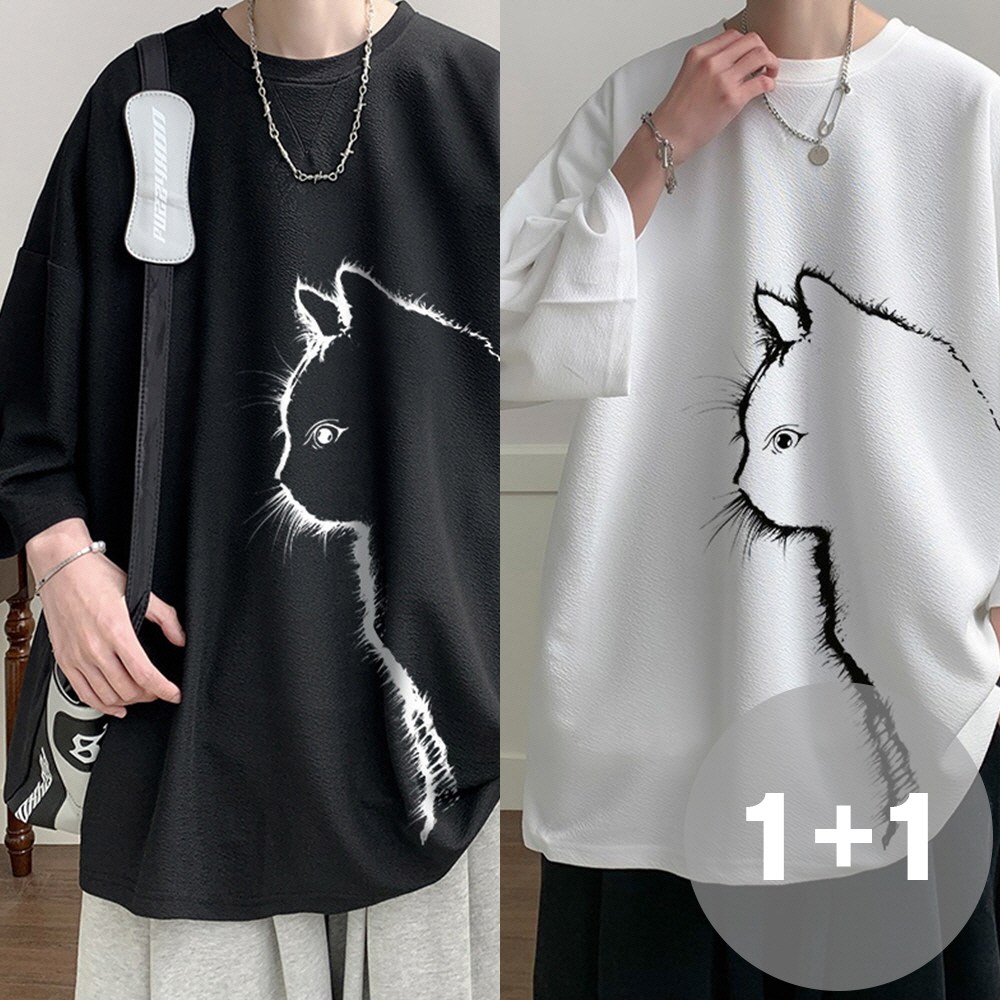 지디오 남여공용 빅사이즈 7부 반팔 티셔츠 2개 세트 반소매 오버핏 고양이 프린팅 아이스 박스티 19,900원