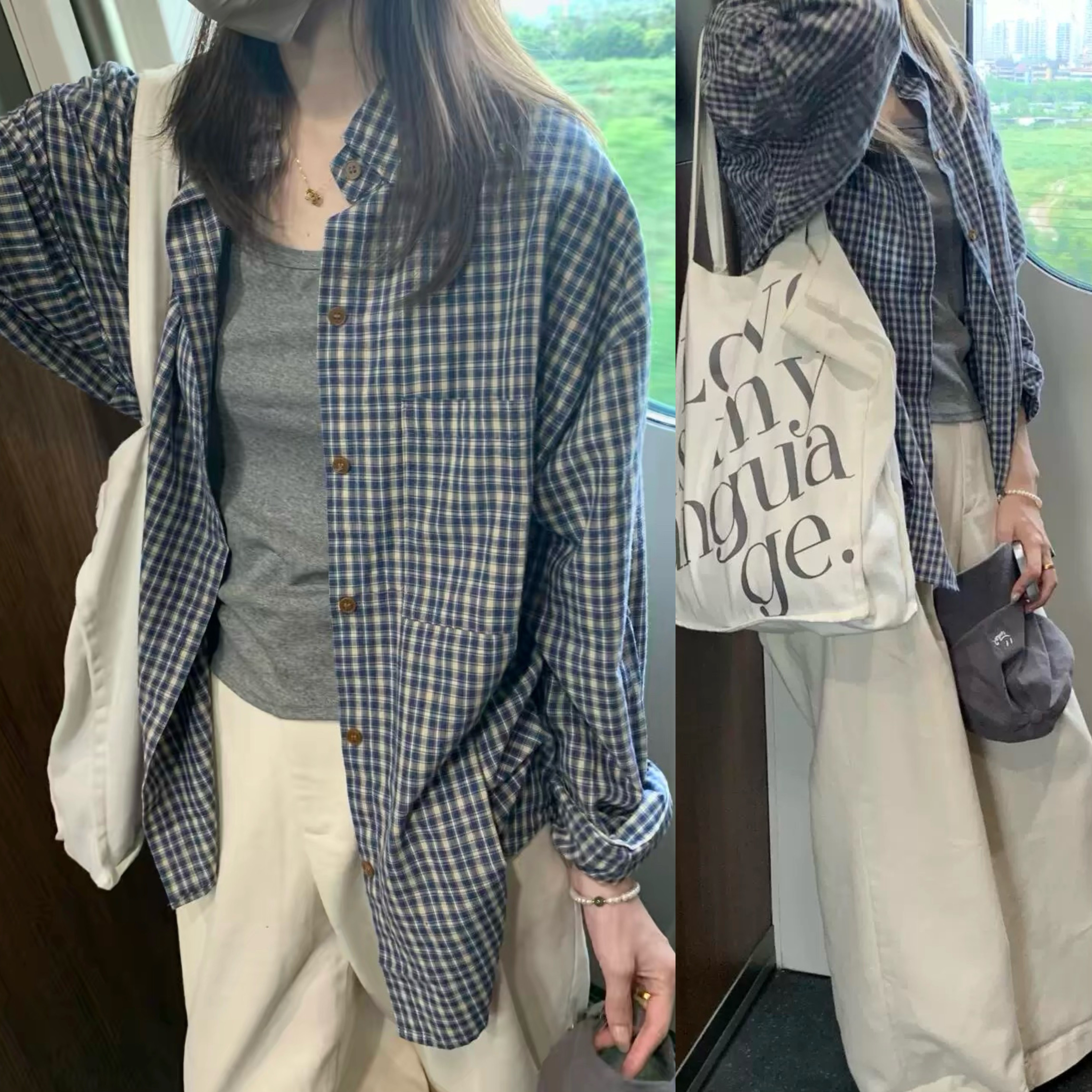 에쥬아 빈티지 체크남방 간절기 얇은 긴팔 긱시크룩 20,880원