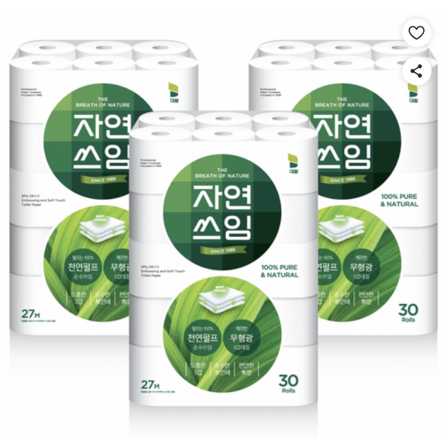 천연펄프 화장지 광폭 3겹 30m 30롤, 3개, 30개입, 30m 49,050원