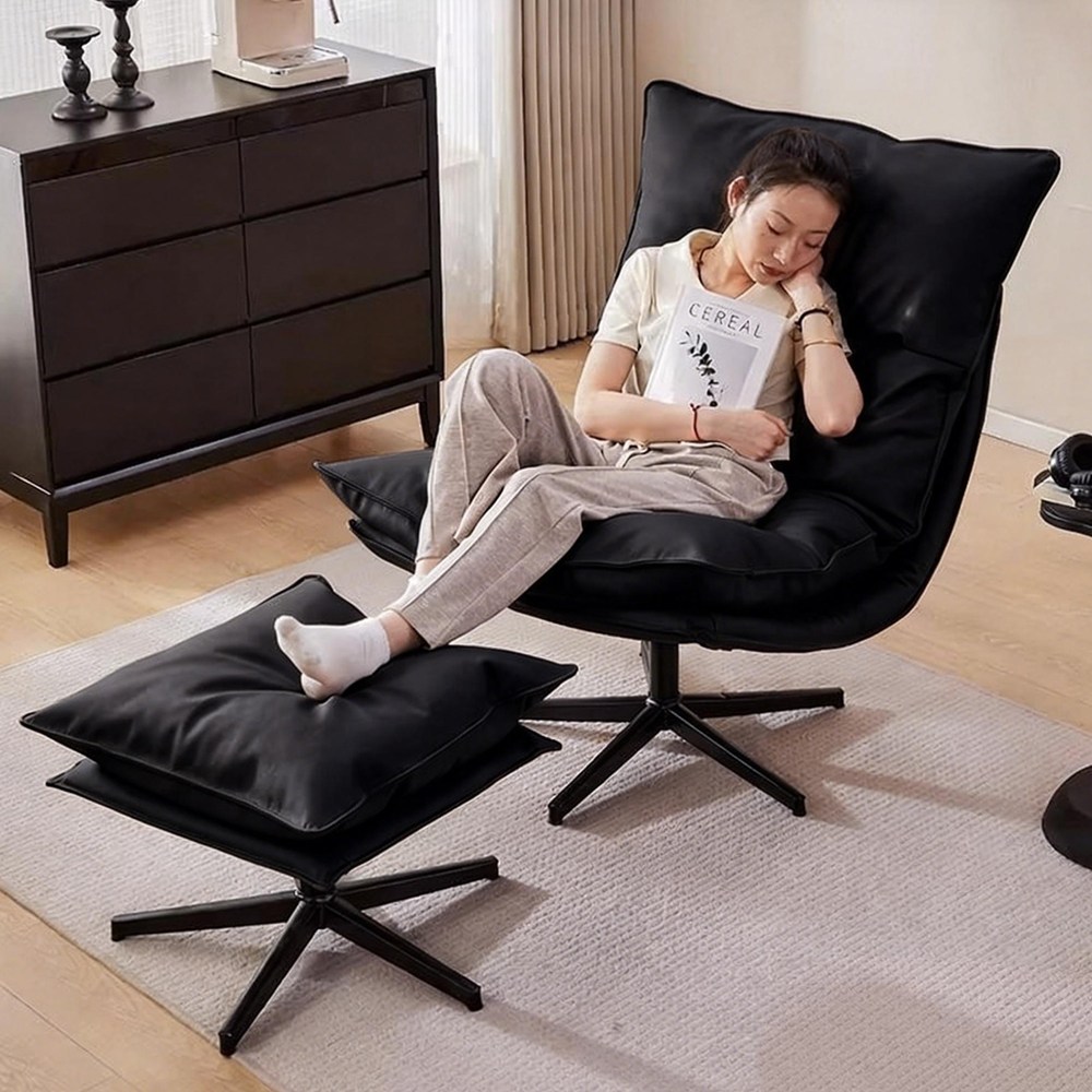 1인용 리클라이너 푹신 회전 가죽 소파 3단 각도조절 라운지쇼파 발 받침대 세트, 블랙 142,000원