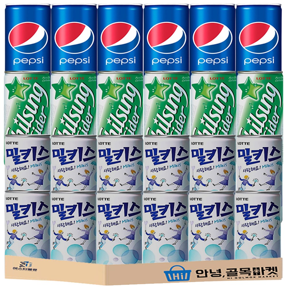 롯데칠성 사이다 190ml 6캔 펩시 콜라 190ml 6캔 밀키스 190ml 12캔 총 24캔 안전포장, 24개, 190ml 19,800원