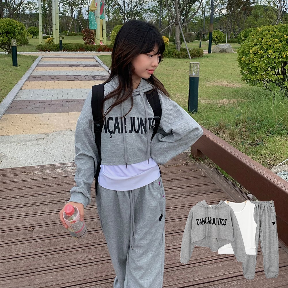 메이징키즈 주니어 여아 후드 레터링 크롭 스트릿 힙합 3종 바지 댄스복 세트 23,100원