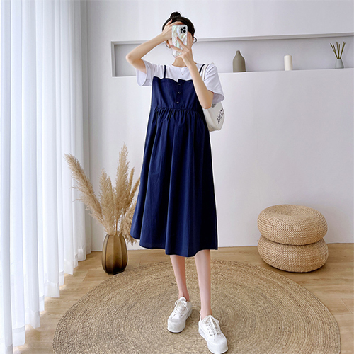 임산부 페이크 투피스 편하고 귀여운 단추 멜빵 원피스 29,770원