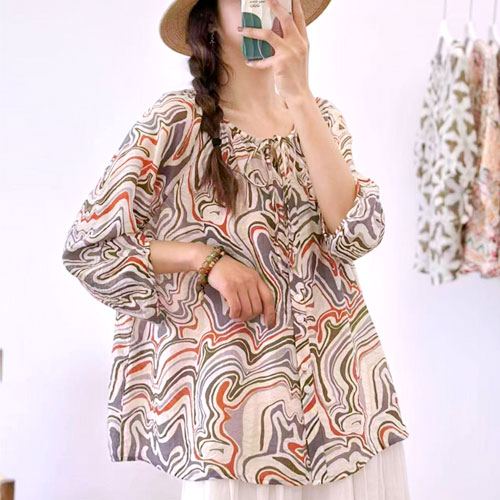 여성 7부 라운드넥 블라우스 루즈핏 인견 셔츠 빅사이즈 미시 시원한 면마 상의 38,900원