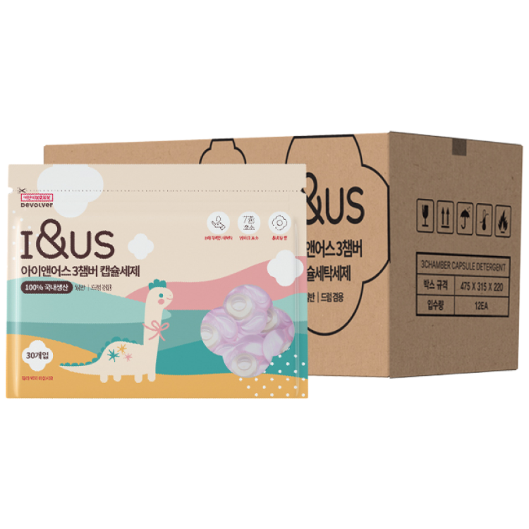 100% 국내생산 아이앤어스 3챔버 캡슐세제 30개입 12개 과일향 순한 중성세제 99,800원