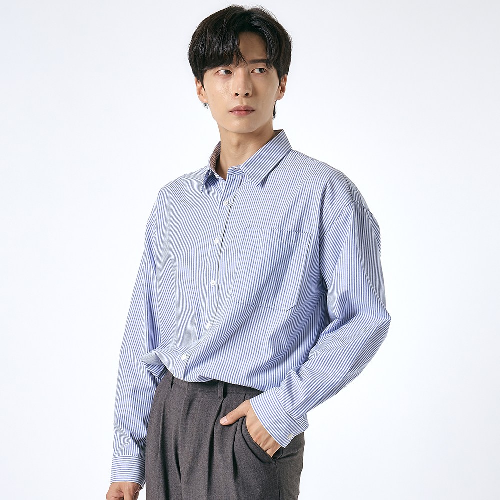 엘엑스티 남성용 오버핏 옥스포드 스트라이프 면 혼방 포켓 긴소매 셔츠 21,800원