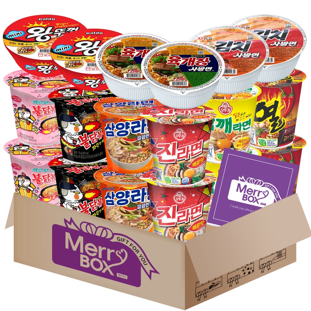소컵라면18개세트 19호(삼양x2+불닭볶음면x2+까르보불닭볶음면x2+진라면 매운맛x2+열x2+참깨x2+미니왕뚜껑x2+육개장사발면x2+김치사발면x2)+메세지카드, 1박스 23,900원
