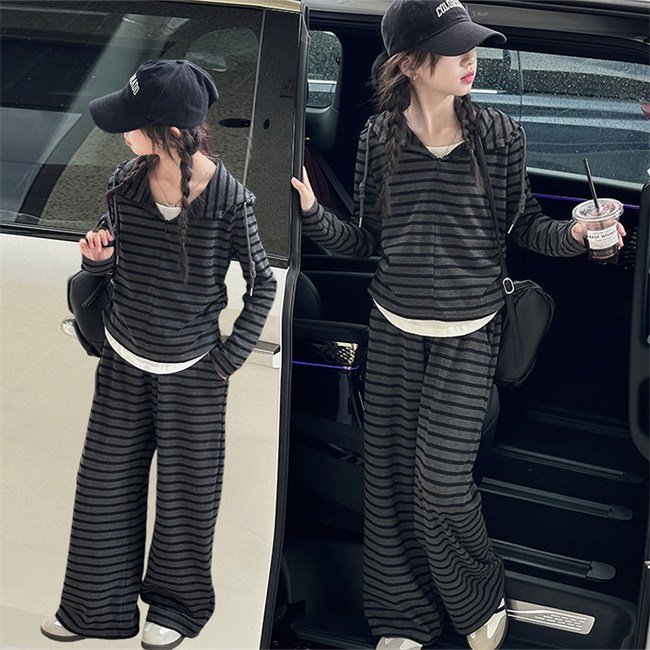 비비키드 신상 주니어 상의 초등생 하의 세트 여아 봄 가을 페이크 레이어드 스프라이프 후드티 세트 초중생 긴팔 긴바지 초등생 상하세트 (99564) 40,800원