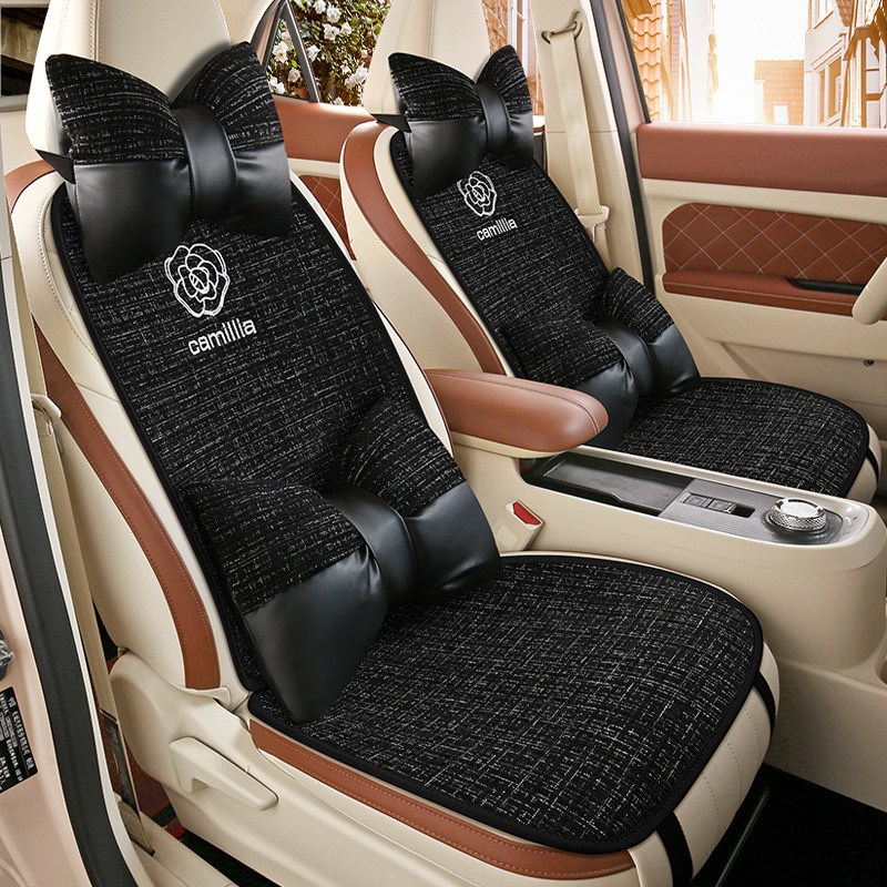 무니유유 자동차 린넨 사계절용 가벼운 통풍 동백꽃 리본 시트커버 전좌석+쿠션 11종 세트, 1세트, 블랙 80,800원