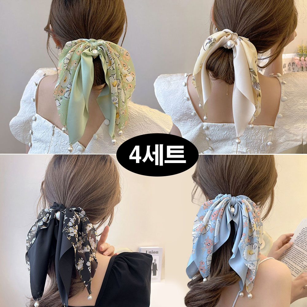 은꽃밴드 진주 쉬폰 리본 곱창밴드 여성머리끈 9,990원