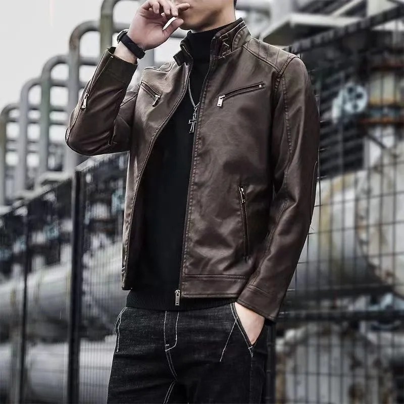 녕동 남성 가죽 자켓 봄가을 얇은 하이넥 캐주얼 슬림핏 지퍼포켓 숏자켓 47,200원