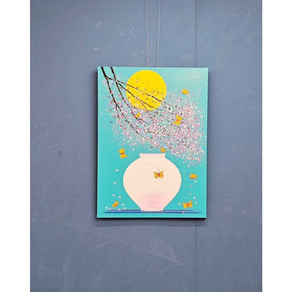 이장옥 작가 원화 - 인연 달항아리 20호 원목 그림액자 다복 거실 병원 풍수 인테리어 3,000,000원