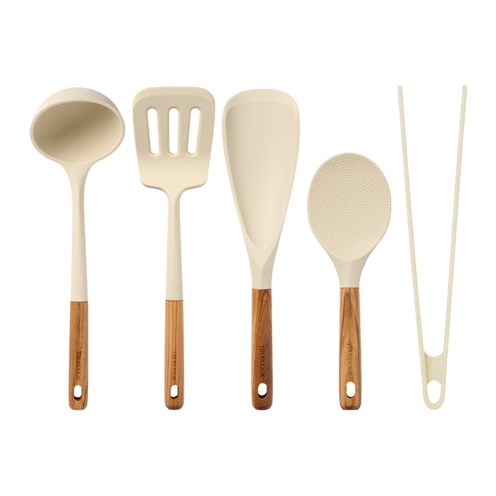 트루쿡 이탈리아산 올리브 실리콘 조리도구 5종 세트, 1세트, 베이지, 국자 + 뒤집개 + 멀티스푼 + 주걱 + 집게 59,000원
