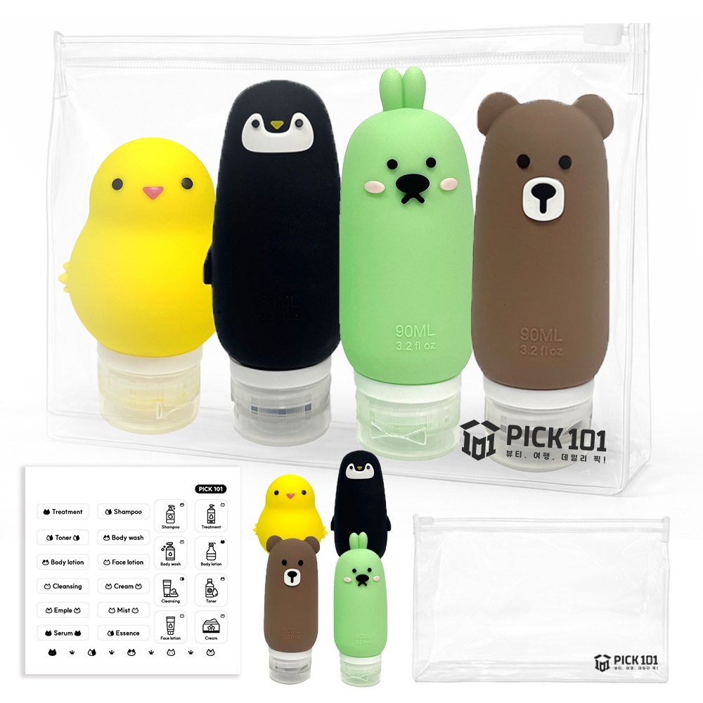 픽101 여행용 동물 실리콘 공병 리필병+스티커세트, 1개, 90ml 4종세트 16,870원