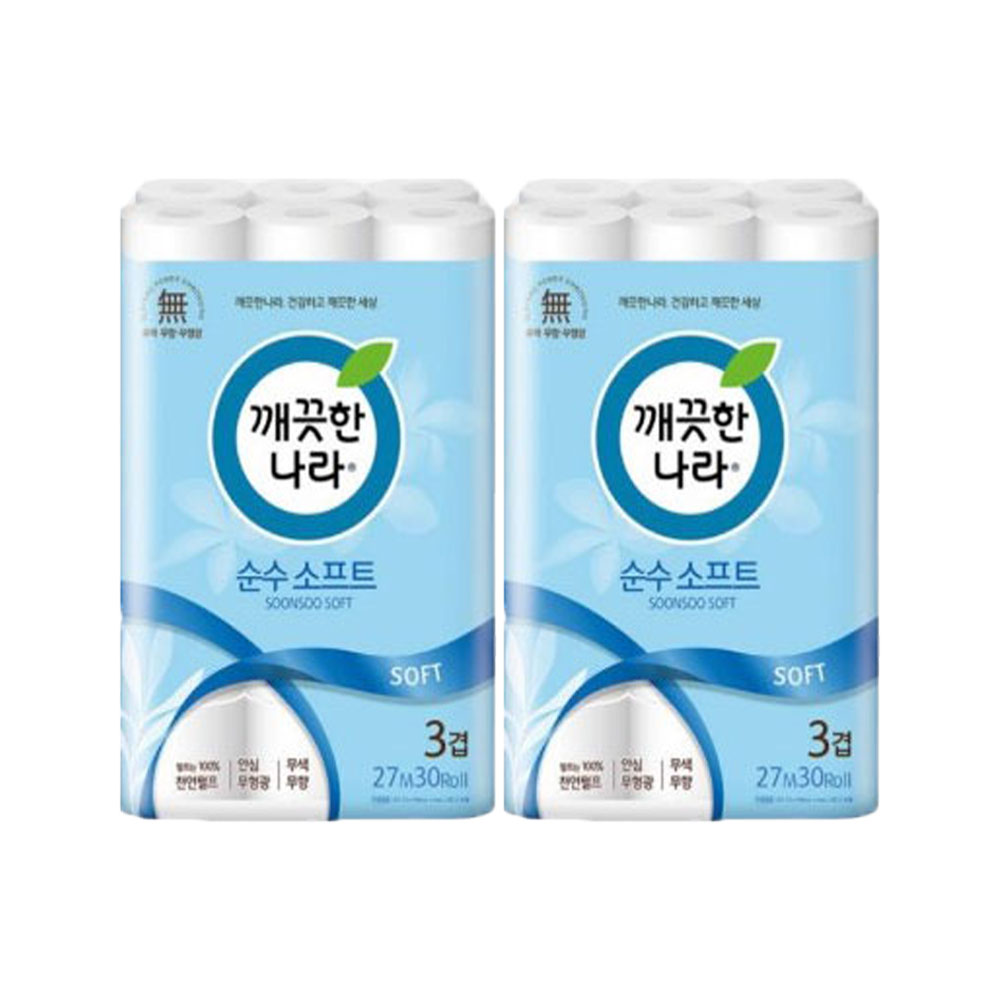 깨끗한나라 순수소프트 화장지 3겹 27m 60롤 두루마리 휴지, 2개, 30개입, 27m 27,990원