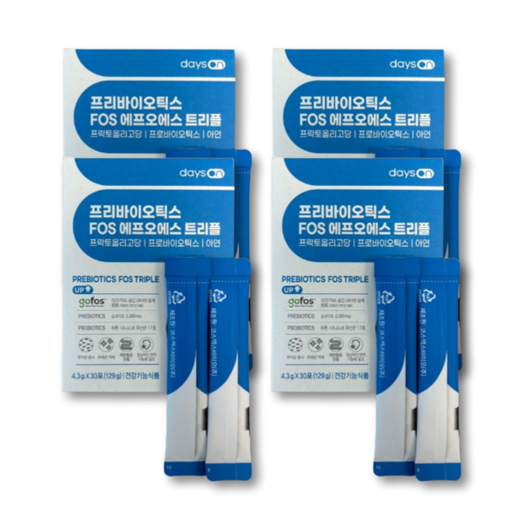 데이즈온 프리바이오틱스 FOS 트리플 유산균 먹이 장케어 프락토 갈락토 자일로 올리고당 아연 장내유익균 프로바이오틱스, 4세트, 30회분 73,800원