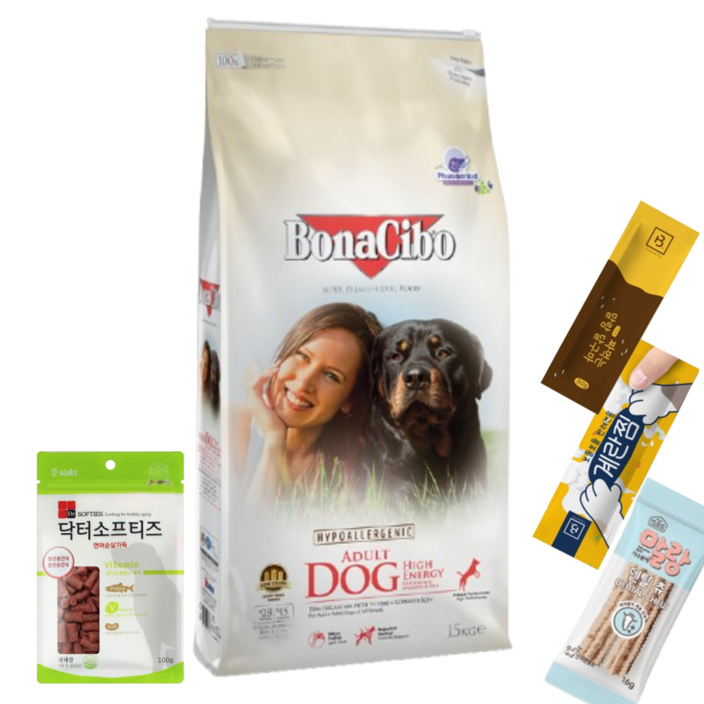 보나시보 중대형견용 강아지사료 하이에너지 15kg 뉴트리렉스 1P 말랑달구마 30g 보들보들계란찜30g 닥터소프티즈100g 135,000원