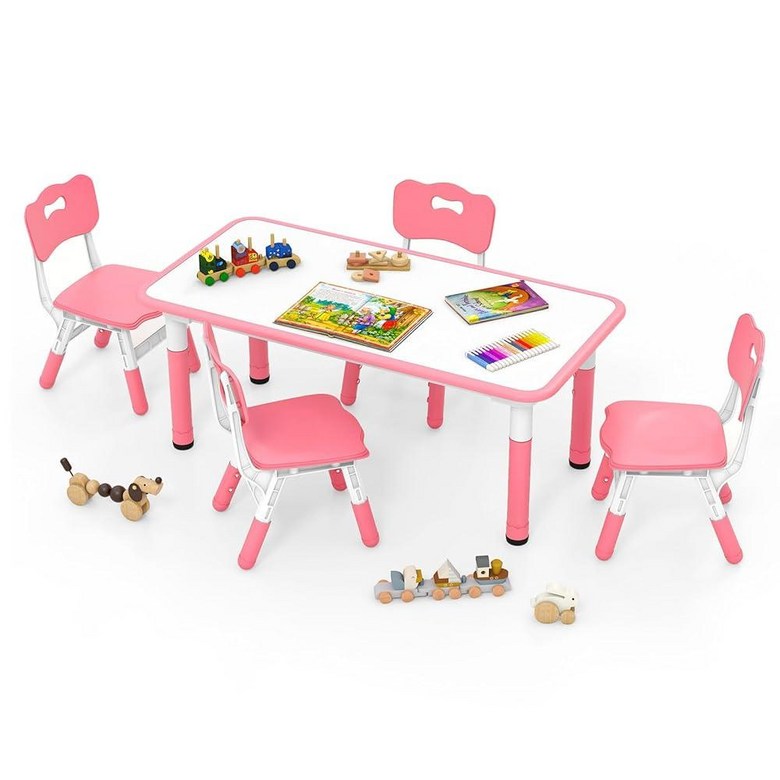 INFANS 아동용 테이블 및 키아 세트, 높이 조절 가능한 유아용 책상 및 낙서 데스크탑 미끄럼 방지 다리가 있는 의자 4개, 대형 길이 119.4cm(47인치) x 너비 5 354,500원