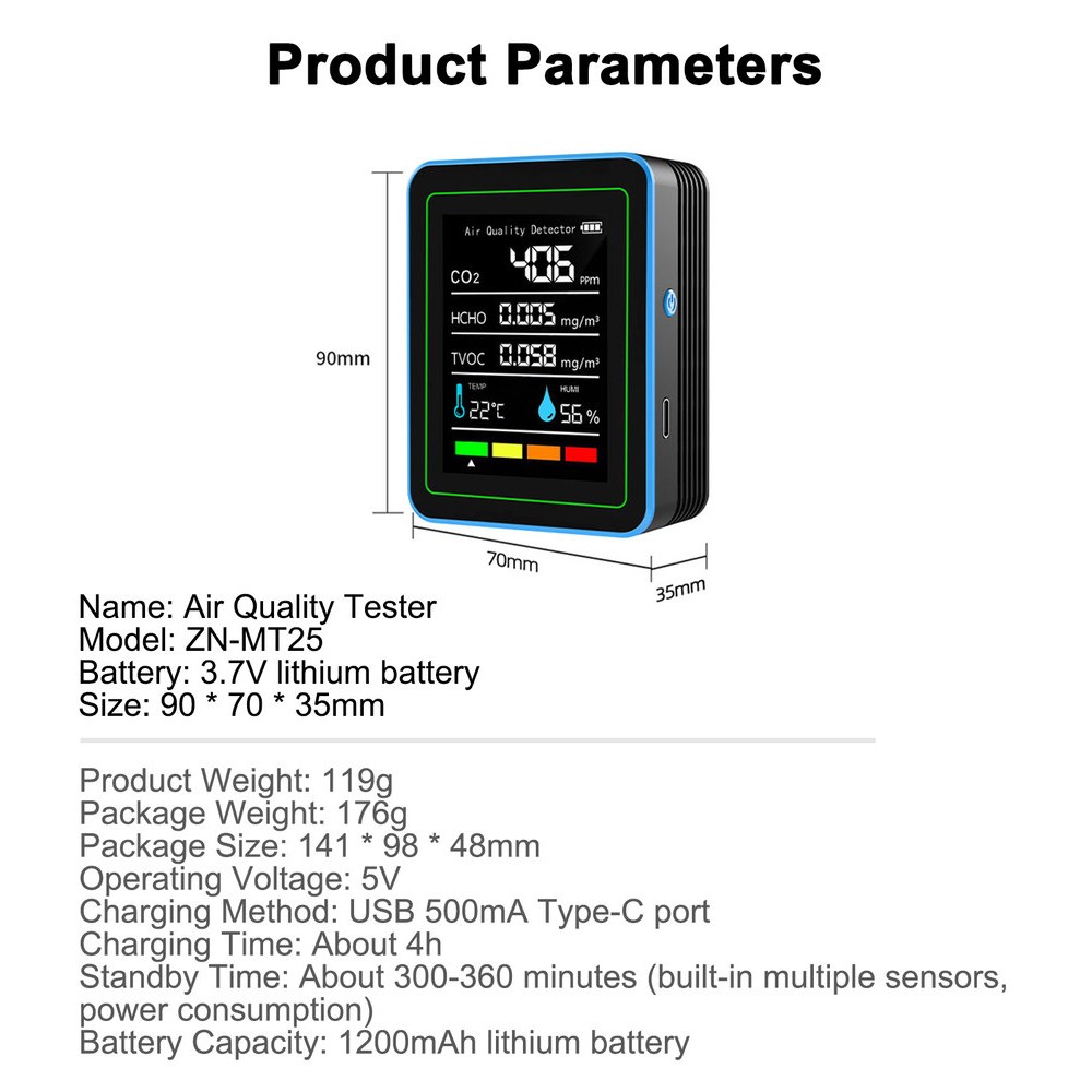 CO2 모니터 휴대용 공기 질 모니터, 온도 및 습도 테스터, 센서, 가스 분석기, 계량기, TVOC, HCHO, 5-in-1 23,100원