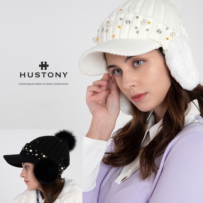 휴스토니 진주 큐빅 귀마개 겨울용 방한 골프모자(화이트/블랙) 27,400원