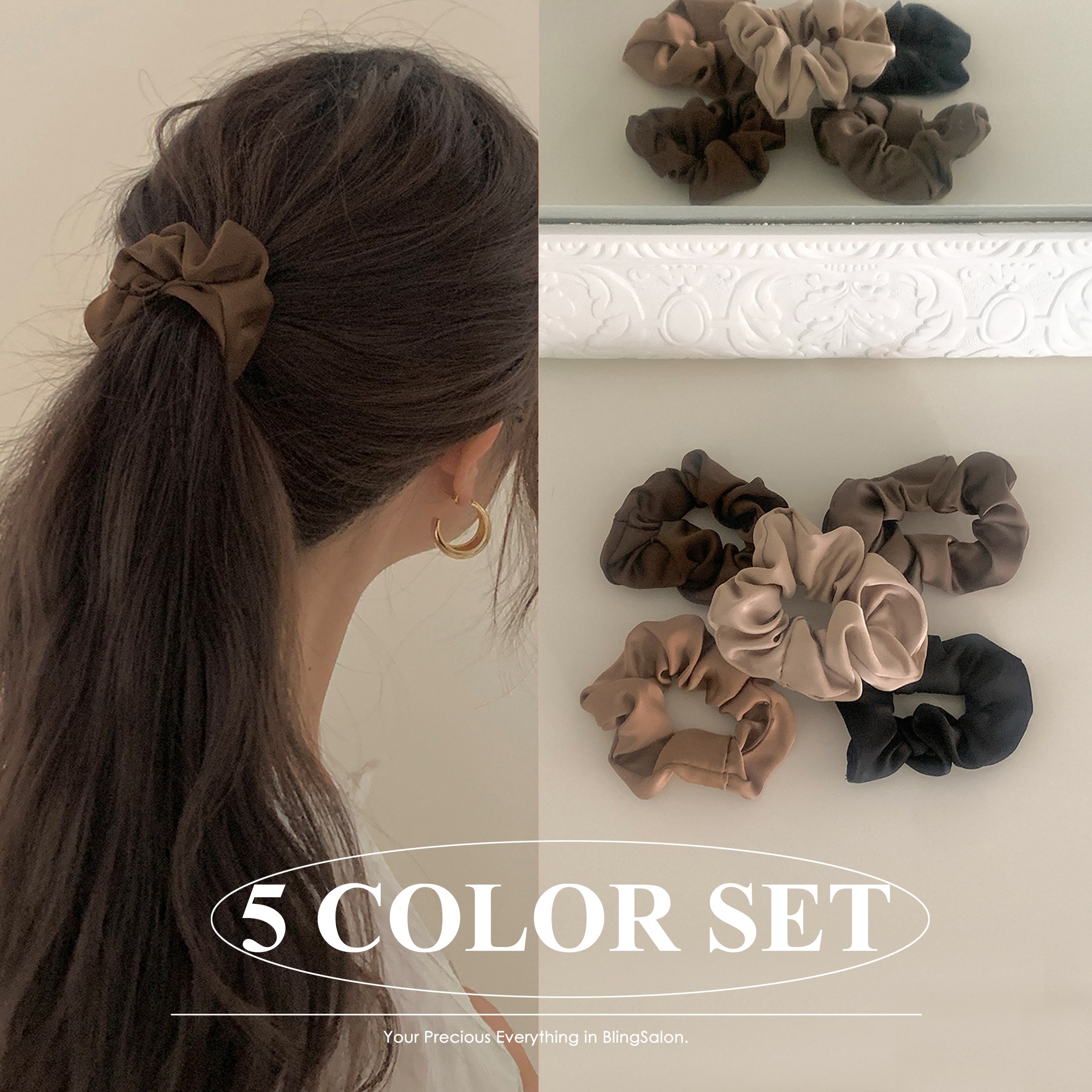 블링살롱 5개세트 모카무스 10cm 데일리 실키 새틴 스크런치 5컬러 세트 곱창머리끈 헤어끈 곱창밴드 11,900원