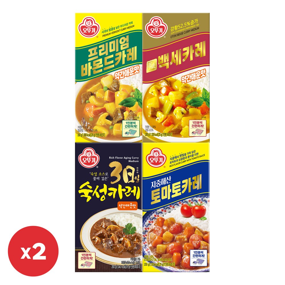 오뚜기 고형 카레 4종 2개씩(프리미엄바몬드 약간매운맛+백세카레 약간매운맛+3일숙성 약간매운맛+지중해산 토마토), 8개, 200g 28,500원