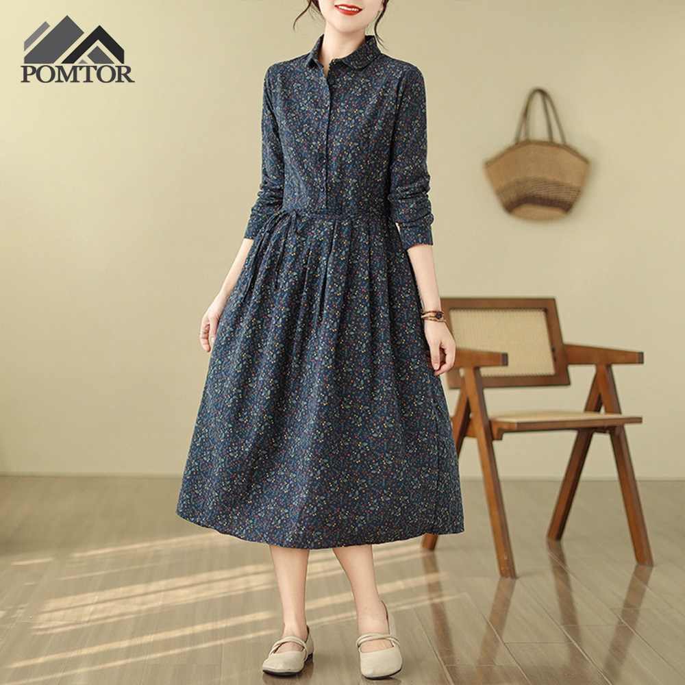 POMTOR 봄 가을 여성 플라워 긴팔 원피스 면 린넨 터틀넥 허리 조임 미디 체형커버 원피스 36,250원