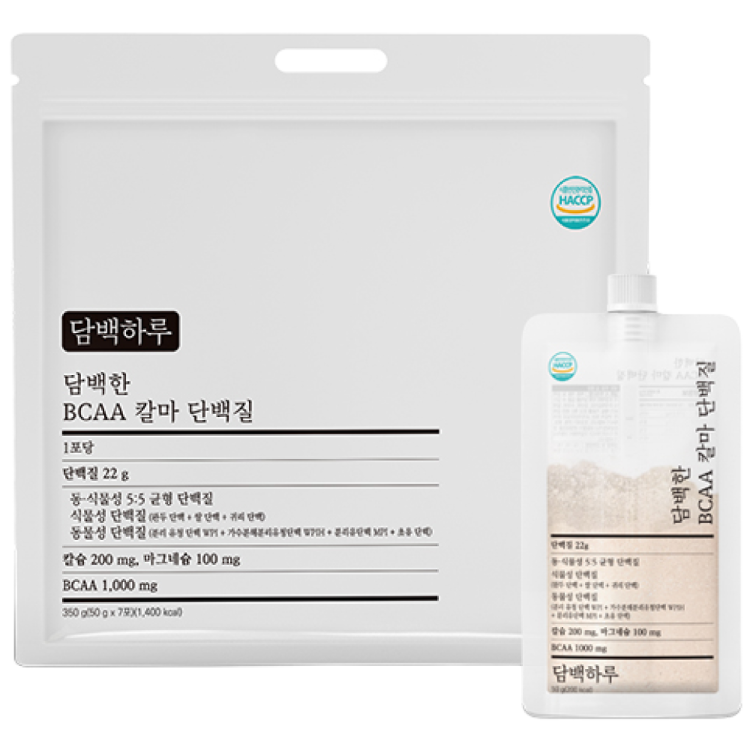 담백하루 담백한 BCAA 칼마 단백질 22g 7포(1주분) 식물성/동물성 단백질 분리유청단백 칼슘마그네슘, 1세트, 350g 43,500원