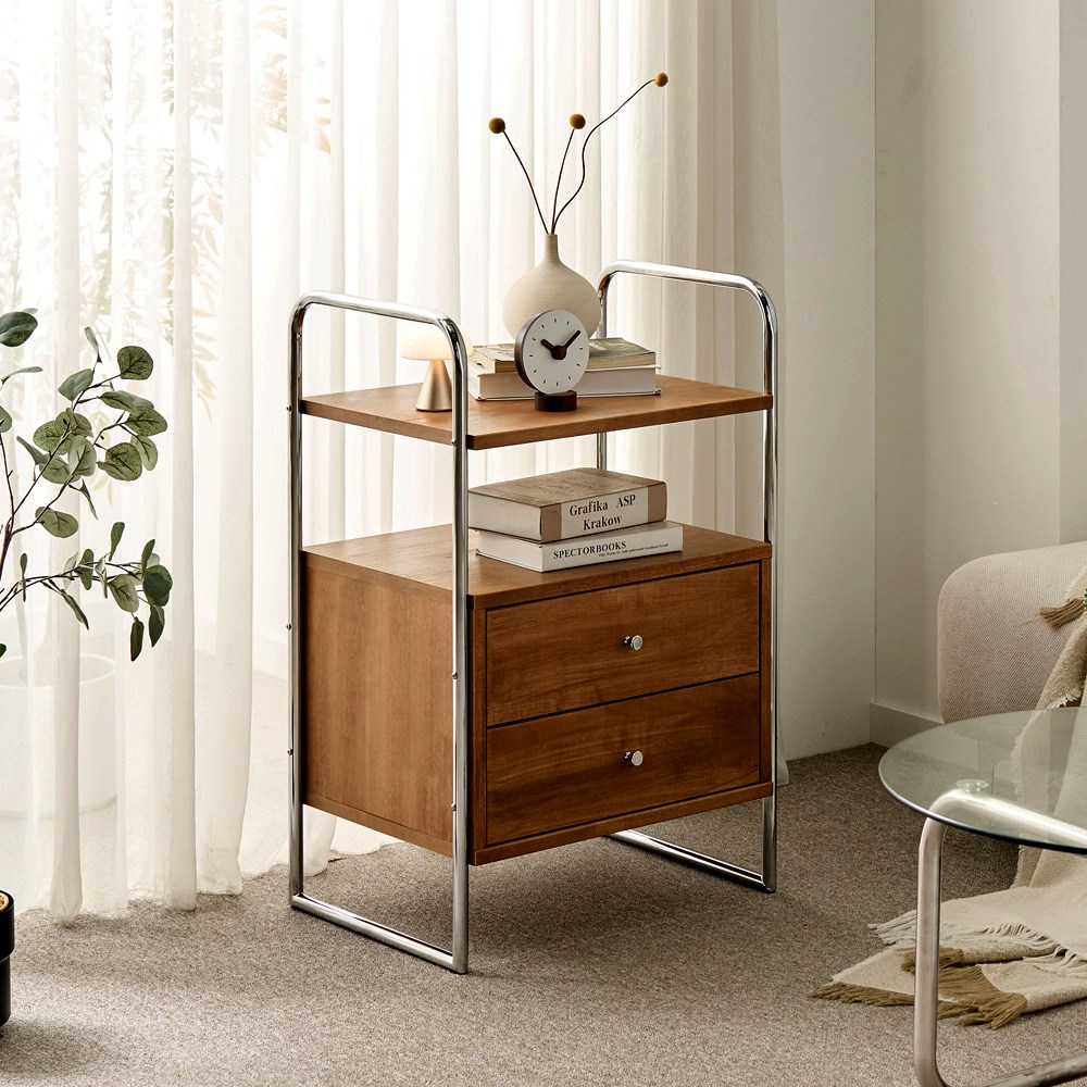 리프리홈 렌시 고무나무 원목 스틸 3단 협탁 미드센추리 쇠테리어 침대 옆 소파 미니 서랍 거실 217,000원