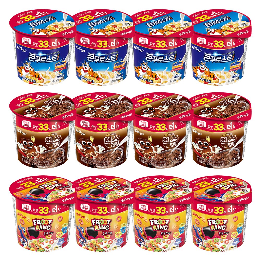 켈로그 컵시리얼 3종세트 (콘푸로스트30gx4+첵스초코30gx4+후르트링30gx4), 24개 22,840원