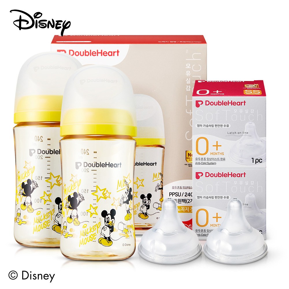 더블하트 모유실감 3세대 PPSU 디즈니 클래식 젖병 트윈팩(노꼭지)+젖꼭지2입, 1세트, 240ml, 미키+젖꼭지SS 2입 54,100원