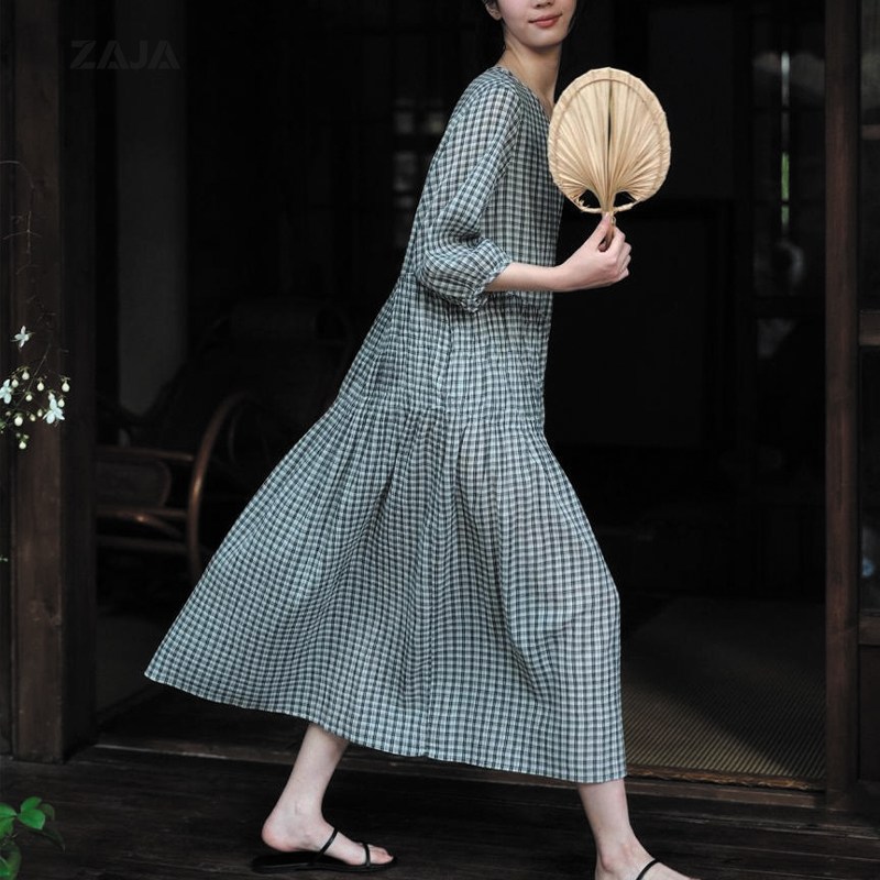 ZAJA 7부 리넨 체크 여성 루즈핏 원피스 휴양지원피스 37,640원